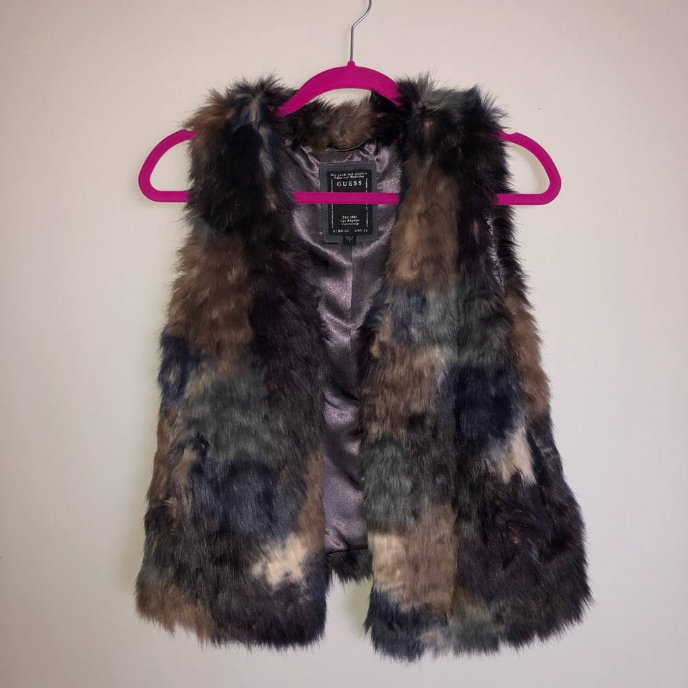 multicolored guess fur vest